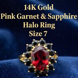 14K Gold Pink Garnet & Sapphire Halo Ring - Size 7
